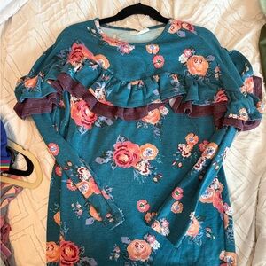 Matilda Jane Teal Floral Ruffle Long-Sleeve Top